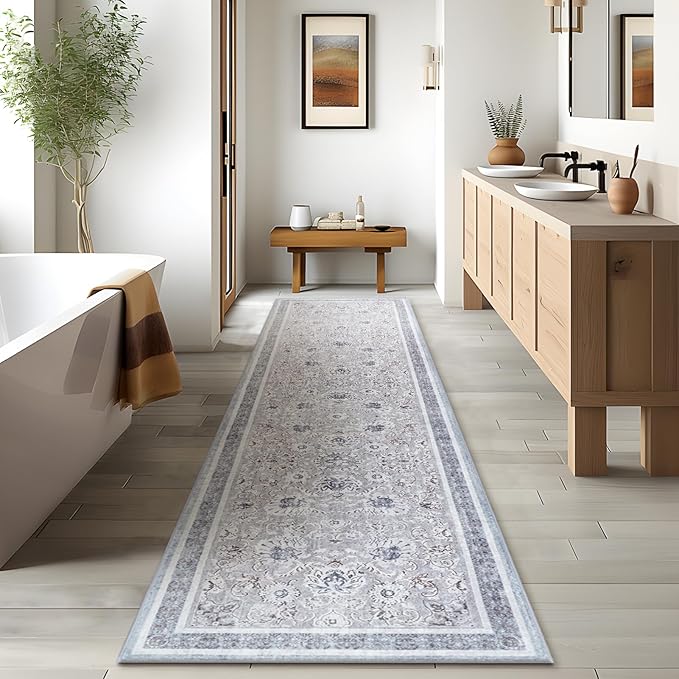 Phantoscope Hallway Runner - Boho Washable Non-Slip Kitchen Rug, Ultra-Thin Vintage Distressed Accent Throw for Entryway Laundry Bathroom Bedroom, Light Grey/Neutral, 2'x6'