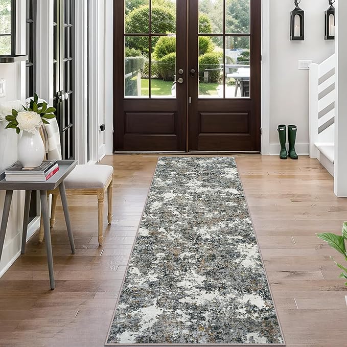 Runner Rug 2'6''x8' Washable Runner Rug: Machine Washable Kitchen Area Rug with Anti-Slip Backing Non-Shedding Stain-Resistant Long Soft Carpet Runner for Hallway, Bedroom, Laundry Room-Gray/Multi