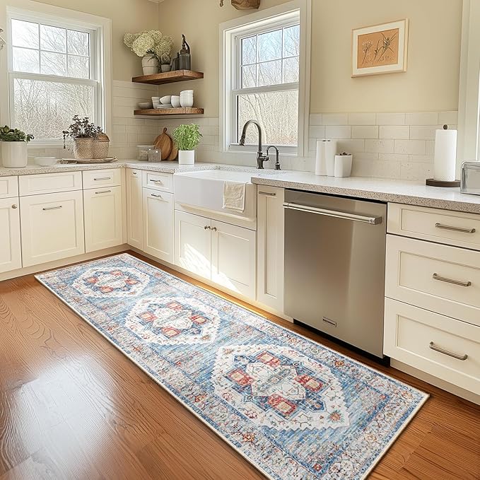 Washable 2x8 Area Rugs, Rugs for Living Room, Low-Pile Water&Stain Resistant Carpet Vintage Distressed Printed Non-Slip Carpet for Bedroom Bathroom Kitchen-Blue