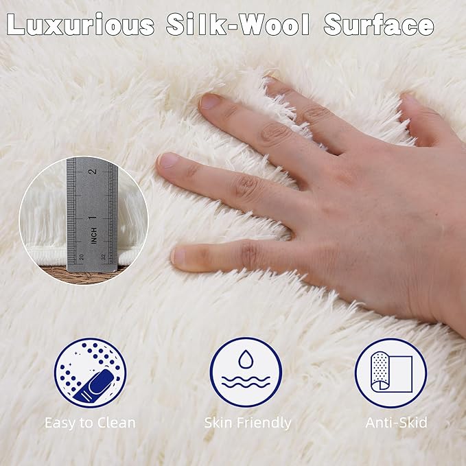 White Fluffy Rug for Bedroom 3x5 ft Small Rug - Ultra Soft & Non Slip Shaggy Area Rug, Comfy Durable Carpet for Living Room Kids Room Teens Dorm Home Decor, 1.7'' Thick Indoor Plush Carpets