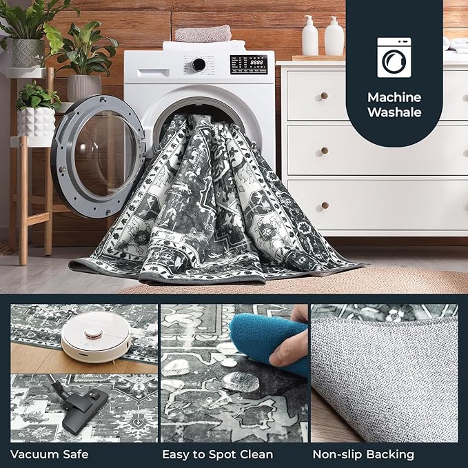 2x6 Runner Rug, Non-Slip Washable for Kitchen Hallway, Soft Low-Pile Area Rugs, Vintage Traditional Floral Aesthetic Carpet, Stain-Resistant Durable, Non Shedding Bedroom Bathroom Decor, Ash Grey