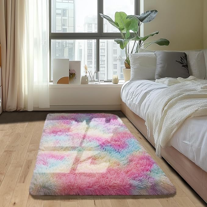 Zentavio Bedside Rugs Small 2x3 Shag Entry Entrance Rugs Soft Girls Bedroom Carpet Area Rugs for Dorm College Essentials Non-Slip Living Room Throw Rug Home Decor Aesthetic Nursery Rainbow