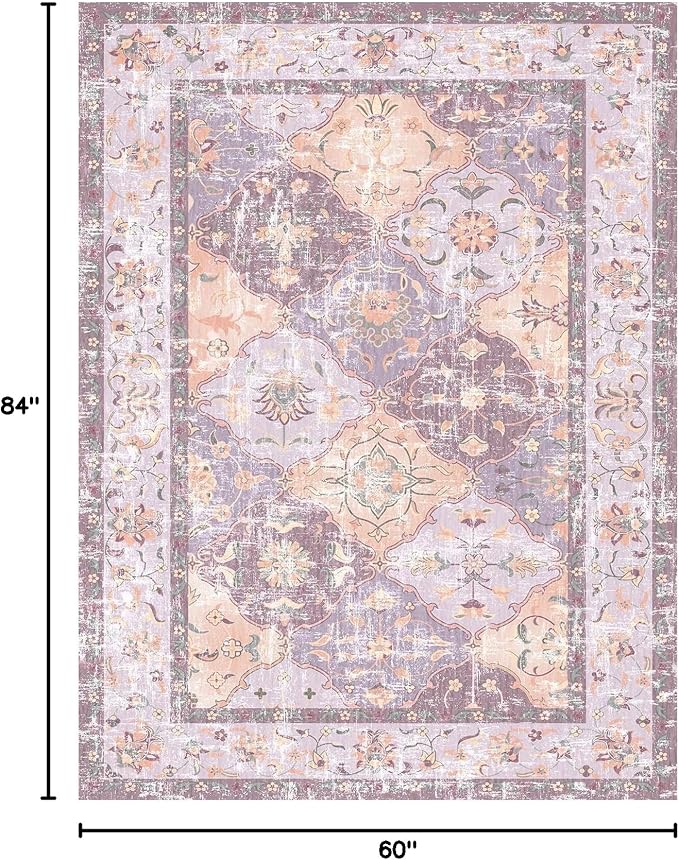 Washable Boho Vintage Area Rugs 5×7 Non-Slip Traditional Mauve Purple Carpet for Nursery Living Room Bedroom Dining Room Girls' Room