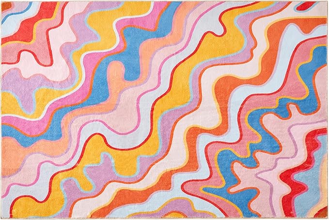 Vintage Abstract Small Area Rug 2x3 Hippie Aesthetic Groovy Striped Cute Bathroom Rug Non-Slip Colorful Orange and Blush Washable Throw Rug for Kitchen Entryway Indoor Doormat