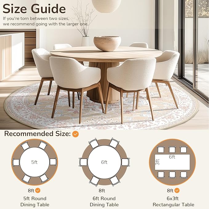 BESTSWEETIE 8ft Area Rugs for Living Room Washable Non Slip Carpet Low Pile Soft Vintage Print Pattern Rug for Bedroom Dining Room Kitchen Entryway Indoor-Cream/Light Yellow/Brown/Blue/Red/Pink
