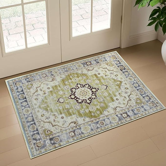 Vintage Entryway 2x3 Rug, Machine Washable Small Medallion Area Rug, Soft Non-Slip Stain Resistance Boho Throw Rugs, Low-Pile Indoor Door Mat for Kitchen Bedroom Hallway Entry, Green