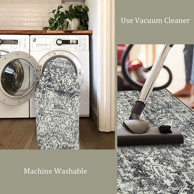 Morebes Boho Black 4x6 Rug for Living Room, Machine Washable Area Rug for Bedroom Non Slip, Medallion Vintage Stain-Resistant Soft Low Pile Indoor Carpet for Office Kitchen Entryway