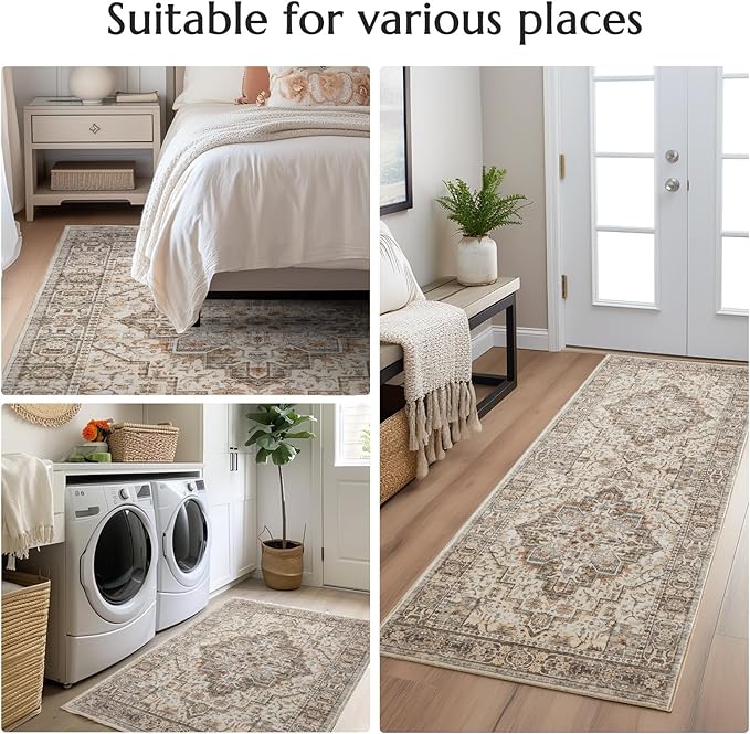 jinchan Runner Rug 2x5 Vintage Hallway Runner Rug Boho Washable Rug Floral Kitchen Runner Rug Retro Accent Non Slip Tribal Distressed Soft Rug for Bedroom Bathroom Laundry Room Doorway Taupe