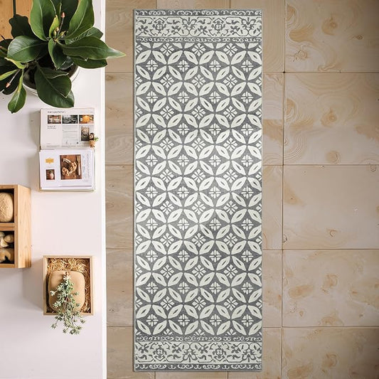 jinchan Runner Rug 2x5 - Hallway Rug Kitchen Washable Runner Rug Faux Wool Geometric Soft Rug Tile Pattern Floral Print Rug Stain Resistant Non-Slip Carpet for Bathroom Bedroom Laundry Room Grey