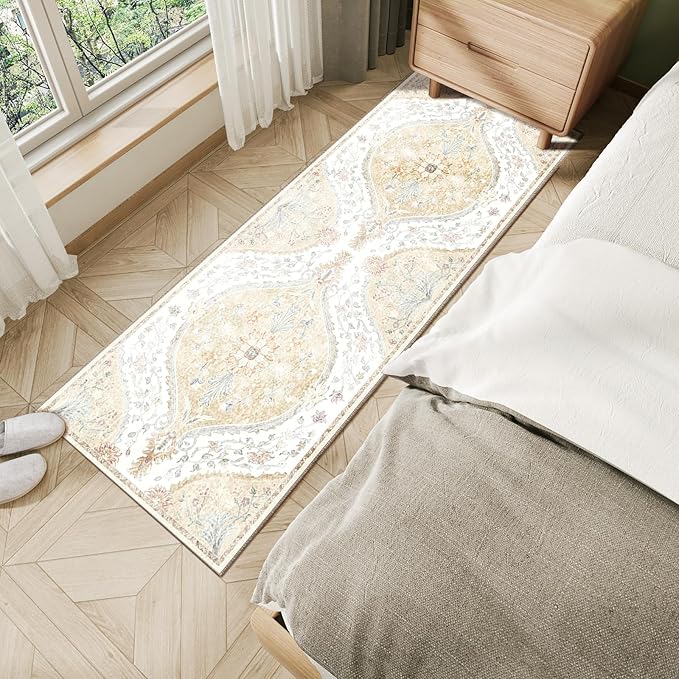2x8 Rug, Washable Vintage Boho Carpet, Non Slip Low Pile Water Repellent Soft Print Pattern Indoor Rug for Living Room & Bedroom, Cream Yellow