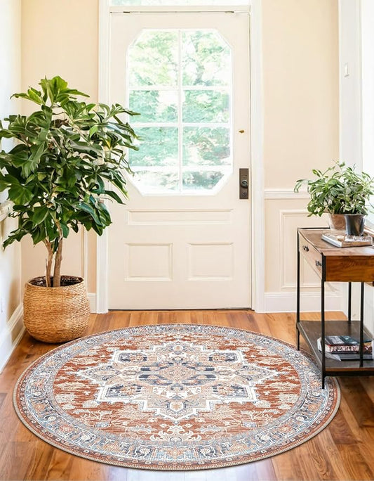 BESTSWEETIE 4ft Area Rugs for Living Room Washable Non Slip Carpet Low Pile Soft Vintage Print Pattern Rug for Bedroom Dining Room Kitchen Entryway Indoor-Brick/Blue/Light Ivory