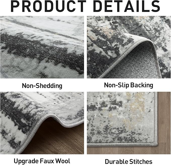 10x14 Area Rugs Washable Rug: Modern Abstract Living Room Rug Soft Anti-Skid Thin Carpet Indoor Floor Non-Shedding Carpets for Bedroom Dining Room Farmhouse Nursery Home Office Black Grey Gold