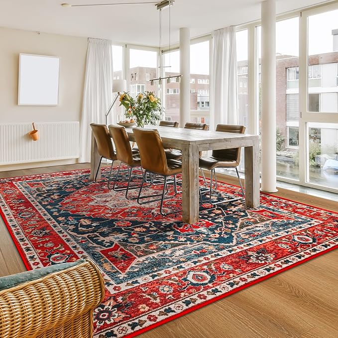 YJ.GWL Large Area Rug for Living Room, 5x7 Machine Washable Boho Rug for Bedroom, Low Pile Lightweight Thin Rugs Floral Vintage Distress Print Pattern Carpet for Dining Room, Red