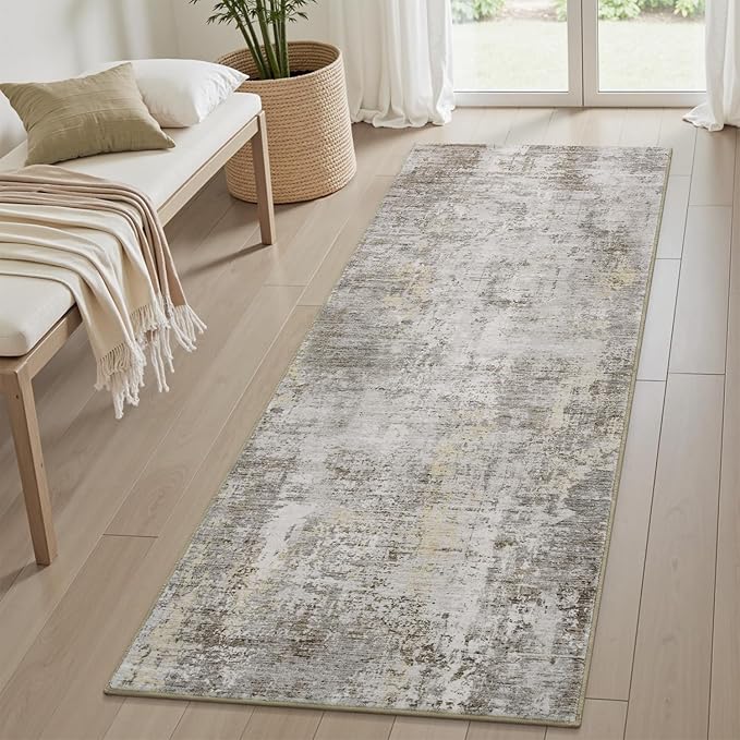 AMOAMI 2 x 6 Hallway Runner Rug Non Slip Super Soft Runner Rugs Machine Washable Low Pile Modern Abstract Runners for Hallways for Bedroom Laundry Room Kitchen, Beige