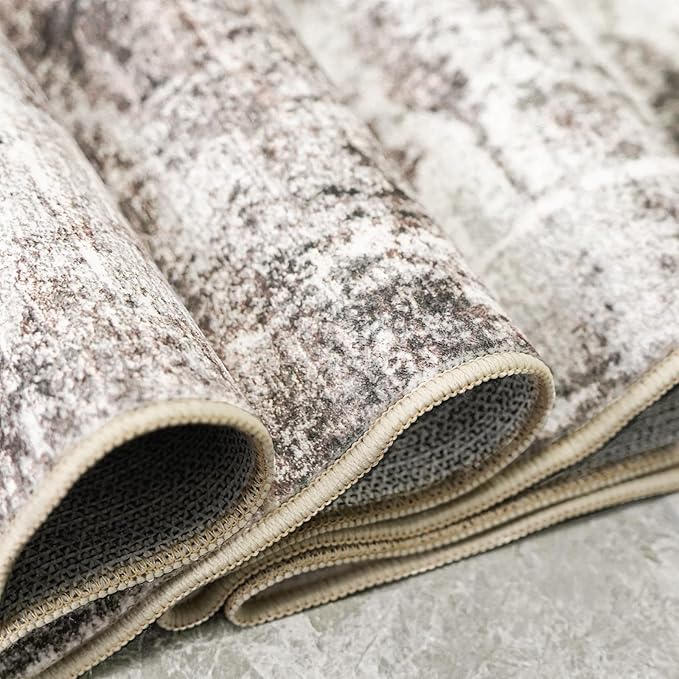Washable Abstract Area Rug 3X5 - Rugs for Living Room Large Non Slip Indoor Entryway Rubber Backing Carpet Bedroom Kitchen Distressed Stain Resistant Floor Decor Mat Machine Washable 3X5 Brown
