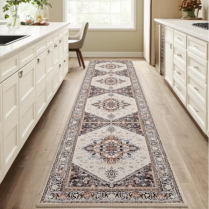 BESTSWEETIE 2x10 Area Rugs for Living Room Washable Non Slip Carpet Low Pile Soft Vintage Print Pattern Rug for Bedroom Dining Room Kitchen Entryway Indoor-Khaki/Beige/Purple/Black/Brick