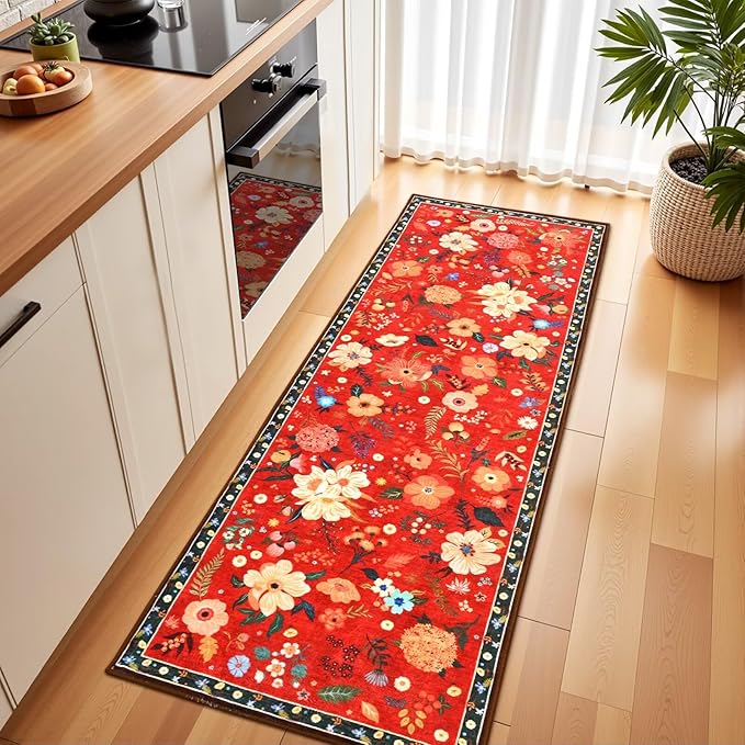 2x6 Floral Runner Rug, Flowers Printed Washable Rugs with Non Slip Backing for Girls Bedroom Kitchen Hallway,Cute Carpet Runners Home Aesthetic Decor, Red