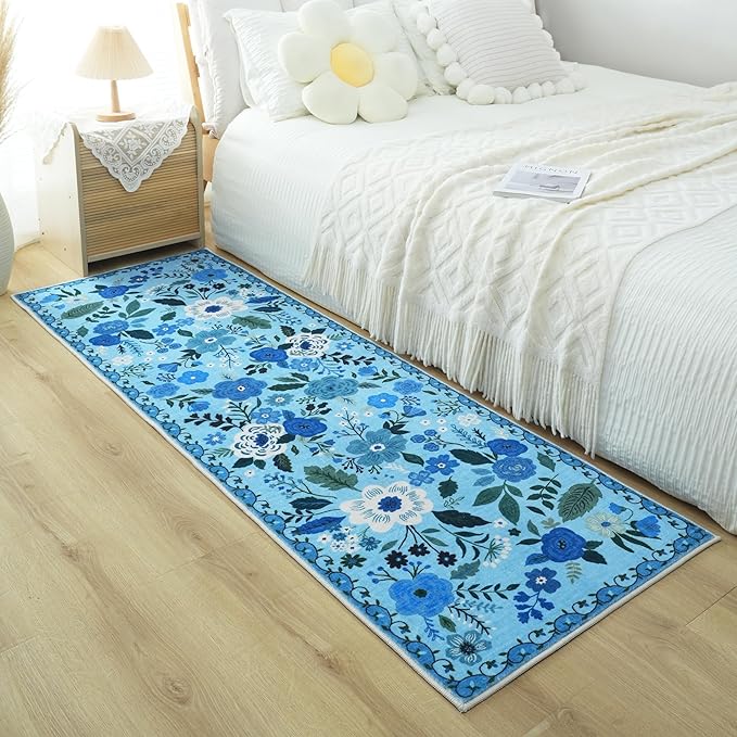 Runners for Hallways Kitchen Rug Non Slip 2'x 10' Long Washable Runner Rugs with Rubber Backing Soft Floral Carpet Runner for Hallways, Kitchen, Laundry, Bedroom, Bathroom(Blue)