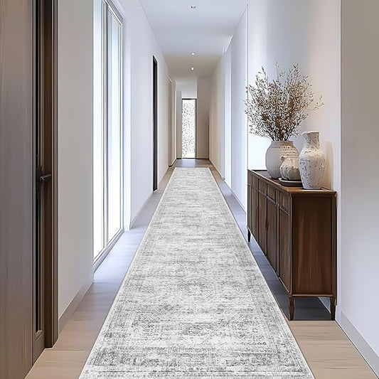 Runner Rug 2'6" x 14' Washable Non-Slip Runner Rugs for Kitchen Bathroom Laundry Room Vintage Ultra Thin Runners for Hallway Entryway Grey