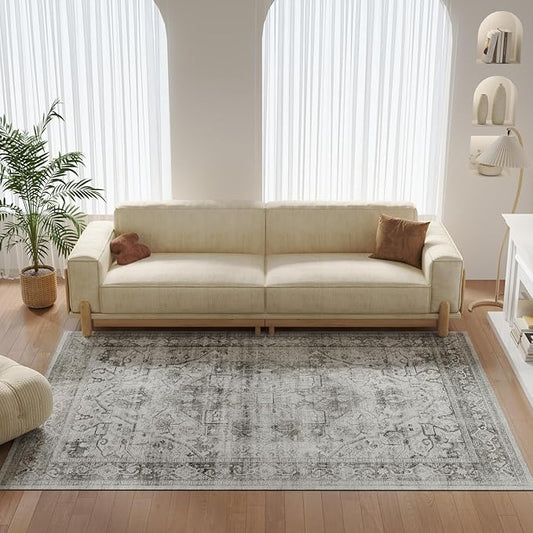 Washable Modern Rug 4x6, Small Distressed Anti-Skid Rugs for Living Room, Distressed Vintage Boho Rug Floor Carpet Bedroom Dining Room Office