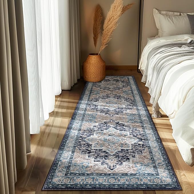 BESTSWEETIE 2x10 Area Rugs for Living Room, Washable Ultra Soft Boho Vintage Print Pattern Rug Non Slip Low Pile Carpet for Dining Room Bedroom Entryway Indoor-Navy/Light Blue/Natural