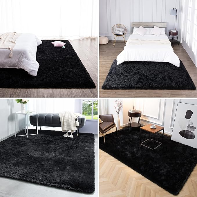 TWINNIS Super Soft Shaggy Rugs Fluffy Carpets, 8x10 Feet, Indoor Modern Plush Area Rugs for Living Room Bedroom Kids Room Nursery Home Decor, Upgrade Anti-Skid Rectangular Fuzzy Rug, Black