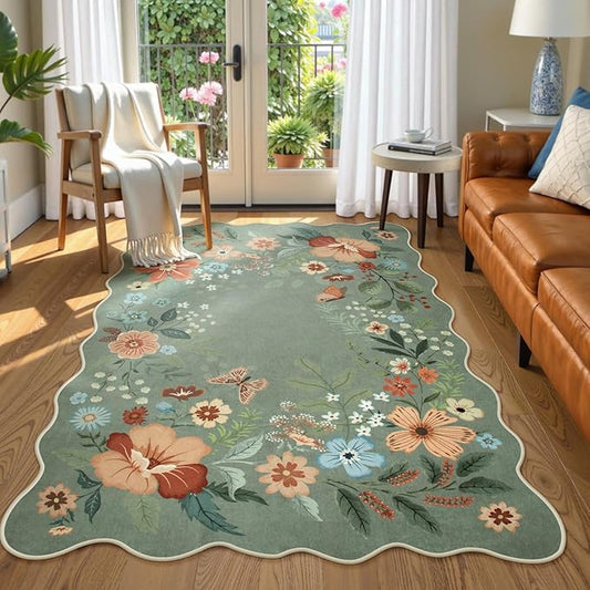 Beeiva Green Area Rug 5x7, Ultra Thin Low Pile Dining Room Rugs for Under Table, Floral Washable Large Carpet for Living Room, Playroom, Office - Green