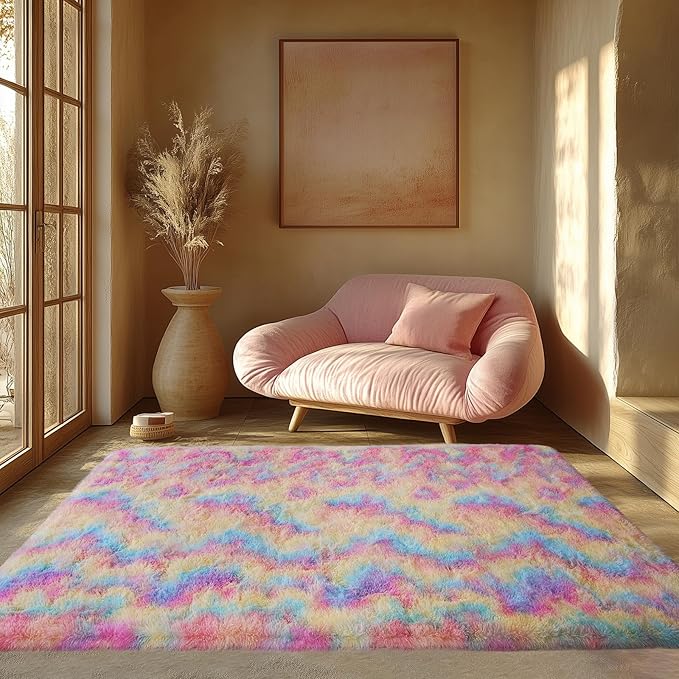 Zentavio Unicorn Rugs for Girls Room 4x6 Area Rugs for Living Room Carpet for Bedroom Washable Soft Fluffy Shag Aesthetic Plush High Pile Throw Rug for Nursery Kids Room Dorm Room Rainbow