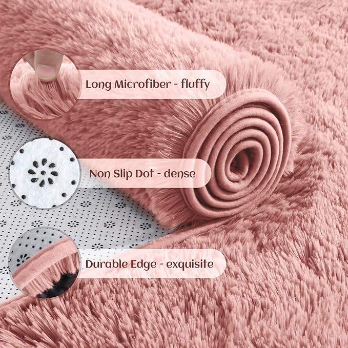 YJ.GWL Fluffy Runner Rugs for Bedroom Living Room Soft Shag Rug 2x6 Feet, Dirt Pink Plush Carpet Non Slip for Nursery Dorm, Fuzzy Bedside Rug for Kids Boys Room Home Decor