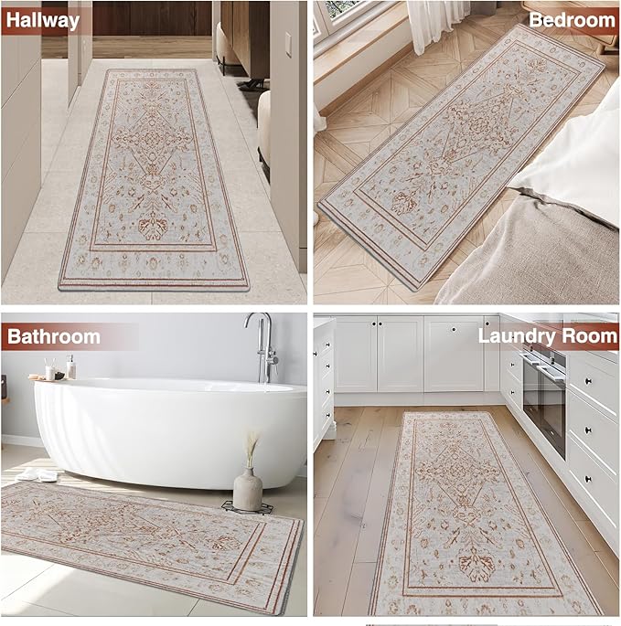2x6 Washable Non-Slip Vintage Chenille Area Rug,Low Pile Distressed Floral Carpet for Entryway Kitchen, Boho Farmhouse Stain Resistant Indoor Rug
