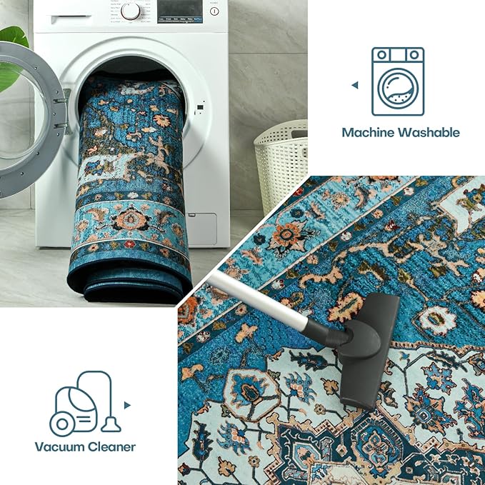 YJ.GWL Large Area Rug for Living Room, 5x7 Machine Washable Boho Rug for Bedroom, Low Pile Lightweight Thin Rugs Floral Vintage Distress Print Pattern Carpet for Dining Room, Blue/Multi