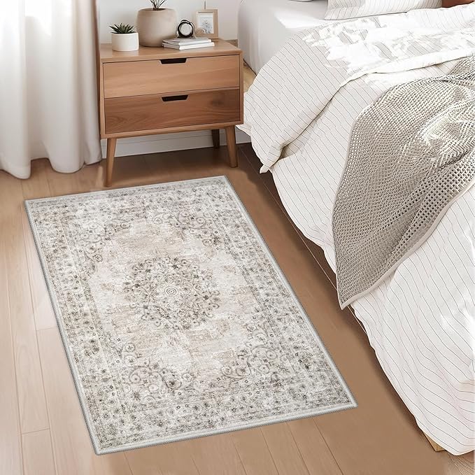 2x3 Area Rugs for Entryway: Washable Vintage Rug Indoor Soft Non-Slip Distressed Doormat for Bedroom Bathroom Kitchen Home Office (Taupe, 2'x3')