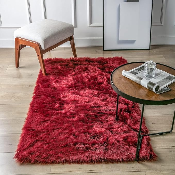 Ashler faux fur rug, Fluffy Shaggy Area Rug Ultra Soft 3 x 5 Feet Rectangle Fur Rug Deep Red Fuzzy Rug Machine Washable Shag Rug, Nursery Decor Throw Rugs for Bedroom, kids room, Living Room