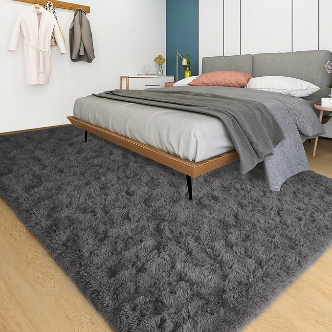 YJ.GWL Area Rugs for Living Room Bedroom, 5x8 Machine Washable Large Dark Grey Carpet, Soft Fluffy Shaggy Thick Big Shag Indoor Floor Rug for Kids Boy and Girls Room Dorm Home Decor Aesthetic