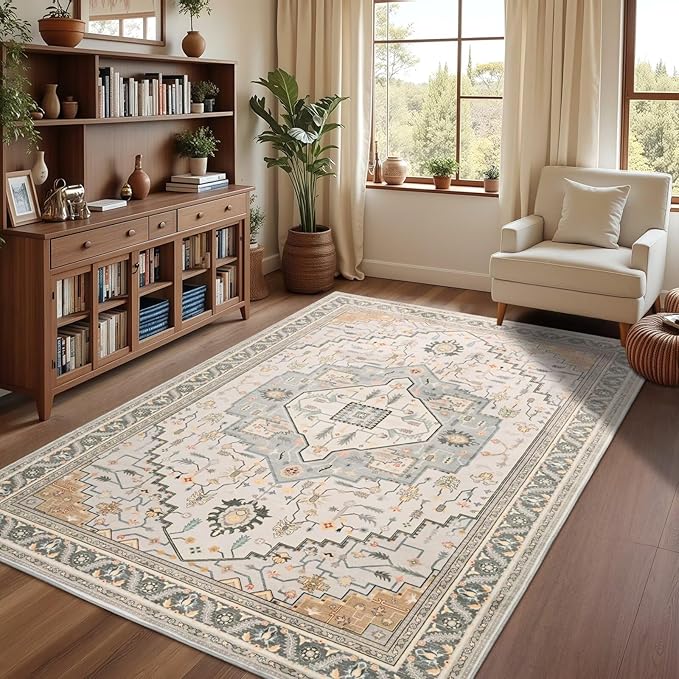 4x6 Grey Beige Area Rug for Living Room, Machine Washable Rugs with Non-Slip Backing for Bedroom, Vintage Medallion Carpet Kitchen Laundry Kids Room Decor