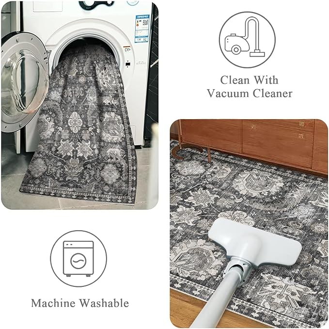 Washable Area Rugs - Perfect for Living Room, Bedroom, Kids Room, Nursery - Stain & Water Resistant Non-Slip, Pet & Child Friendly, Vintage Tribal Area Rugs (Grey, 6' x 9')