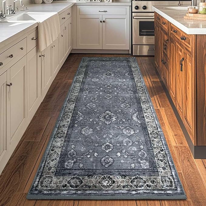 2x6 Runner Rug,Washable Kitchen Rugs with Non-Slip Backing,Low Pile Vintage Area Rug for Kitchen Floor, Hallway,Bathroom,Bedroom,Lightgrey