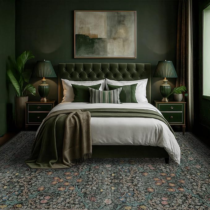 Washable Dark Green 10x12 Rug for Living Room - Extra Large Area Rugs for Dining Room Under Table, Bedroom, Soft Low Pile Non Slip Stain Resistant Carpet - Vintage Floral Design Non-Slip