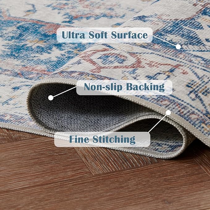 jinchan Runner Rug 2x10 Hallway Rug Kitchen Washable Runner Vintage Mat Retro Lightweight Non-Slip Floor Cover Distressed Thin Carpet for Entryway Bathroom Bedroom Laundry Room Stairway Navy Blue