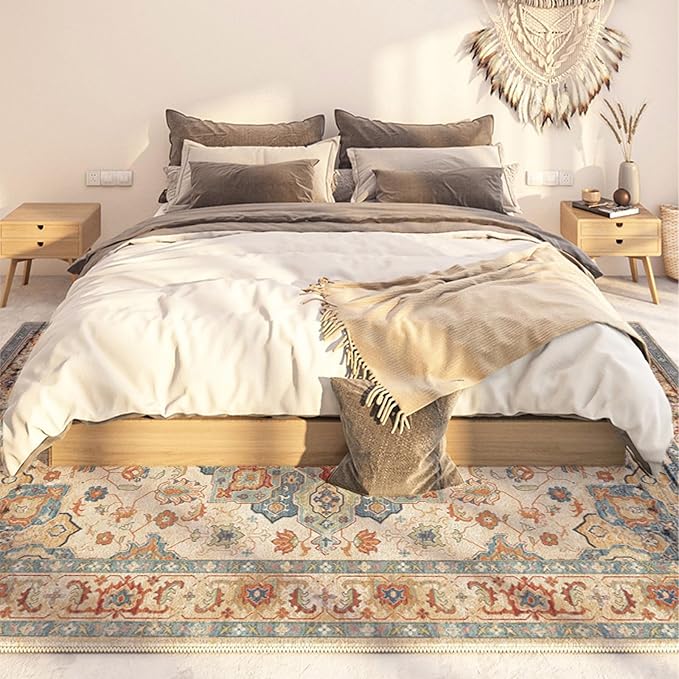 Yancorp 3'x5' Boho Area Rug for Bedroom Non Slip Washable Rug Vintage Carpet Living Room Non-Shedding Indoor Floor Mats Bedroom Kitchen Entryway Rugs-Rectangular Blue Red