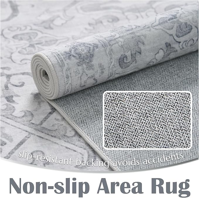 jinchan Hallway Runner Rug 3x8 Machine Washable - Vintage Floral Non-Slip Low-Pile Soft Ultra-Thin Faux Wool Kitchen Rug Distressed Carpet Runner for Farmhouse Bedroom Laundry Room (3x8ft,Grey)