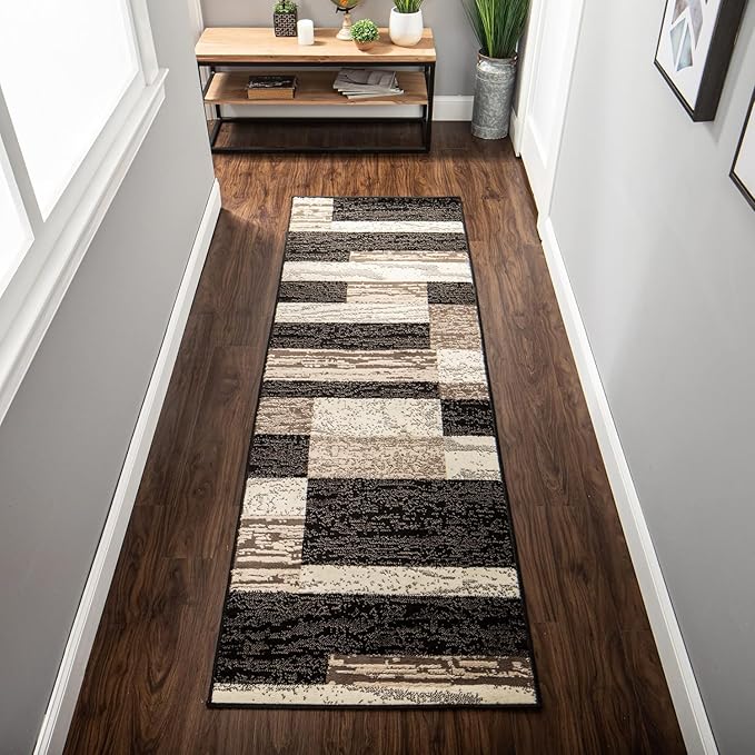 Superior Rockwood 3 Piece Indoor Area Rug Set, Jute Backing, Modern Color Block Decor, Hallway, Entry, Office, Kitchen, Bedroom, Living Room Floors, Plush Rugs, 2' x 11', 5' x 8', 8' x 10', Chocolate
