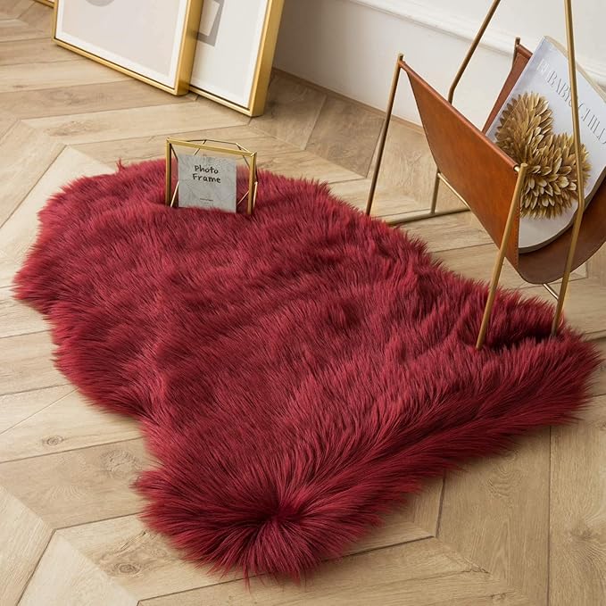 Ashler faux fur rug, Fluffy Shaggy Area Rug Ultra Soft 2 x 3 Feet Sheepskin Fur Rug, Deep Red Fuzzy Rug Machine Washable Shag Rug, Nursery Decor Throw Rugs for Bedroom, kids room, Living Room