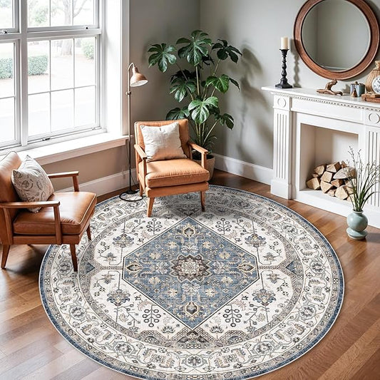 Living Room 6round Area Rugs - Boho Rugs for Living Room Stain Resistant Carpet for Bedroom Kitchen Bathroom with Non Slip Backing Home Decor Floor Decoration Mat 6ft Navy