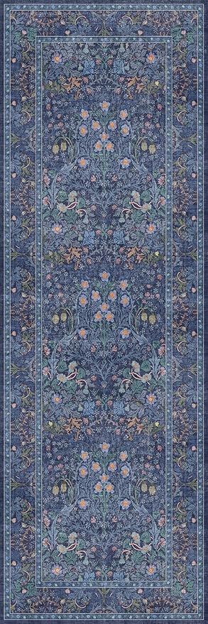 Non Slip 2x6 Dark Blue Bathroom Runner Rug - Long Runner Rugs 24 x 72 Washable Kitchen Floor Mat, Laundry Room Rug, Hallway Runner - Vintage Floral Design Décor