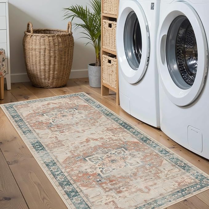2x5 Hallway Runner Rug, Non Slip Boho Runner Rugs Kitchen, Entrance, Bathroom, Laundry Room, Soft Low Pile Carpet, Throw Retro Imitation Wool Carpet, Coral(Blue&Orange)