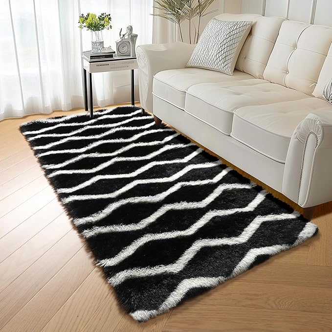 RUGTUDER Soft Fluffy Runner Rug for Bedroom, 2x6 Washable Plush Fuzzy Shaggy Bedside Rugs Black and White Striped Chevron Rugs, Non Slip Long Rug for Living Room Boys Room Kids Nursery Teen Dorm Decor