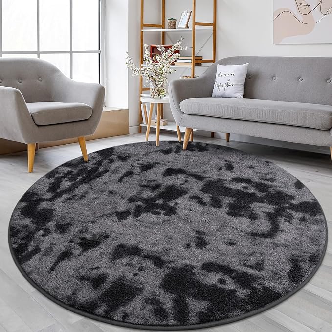 Lascpt Round Rug for Bedroom 6x6, Tie-Dyed Deep Grey Circle Rug for Living Room Super Soft Thicken Memory Foam Circular Rug, Indoor Area Rug for Modern Home Decor, Round Carpet for Nursery Kid's Room