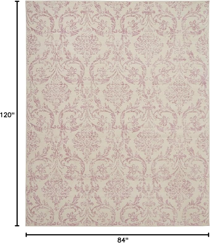 Nourison Jubilant Damask Ivory/Pink 7' x 10' Area -Rug, Easy -Cleaning, Non Shedding, Bed Room, Living Room, Dining Room, Kitchen (7x10)