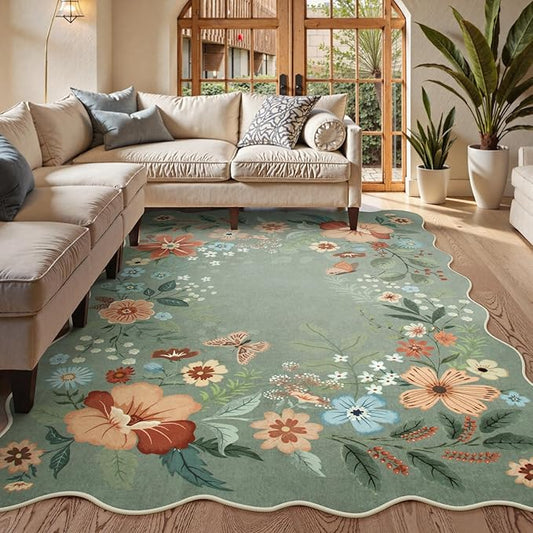 Beeiva 8x10 Floral Washable Area Rugs for Bedroom Under Bed, Ultra Thin Non-Slip Green Rug for Living Room, Soft Large Carpet for Playroom, Office, Dining Room - Green(8x10ft)